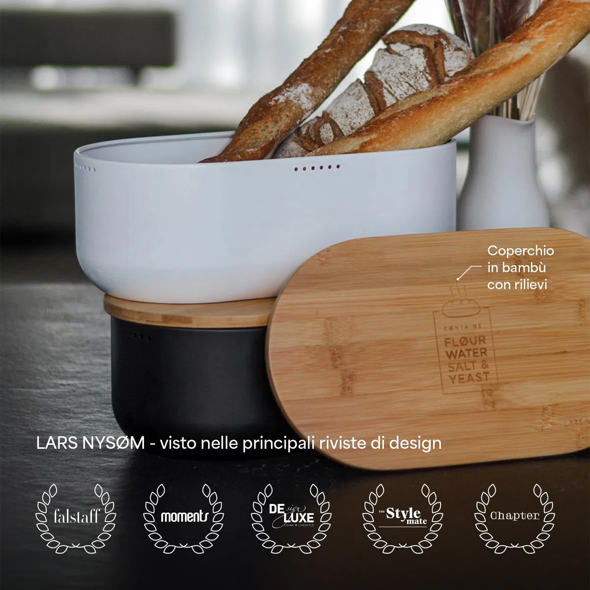 LARS NYSØM Portapane in metallo per una freschezza duratura I Scatola del pane con coperchio in bambù di alta qualità utilizzabile come tagliere (Arctic White)