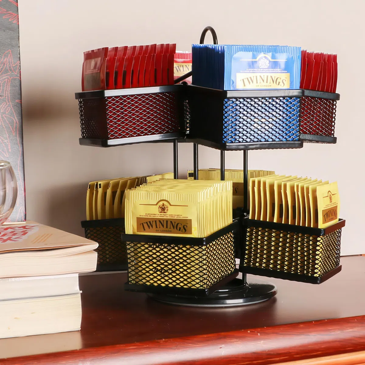 Organizer da tè a 2 livelli con scomparti rimovibili, porta bustine da tè girevole per 80+ bustine da tè, contenitore in metallo per cucina/ufficio, salvaspazio ed elegante (nero)