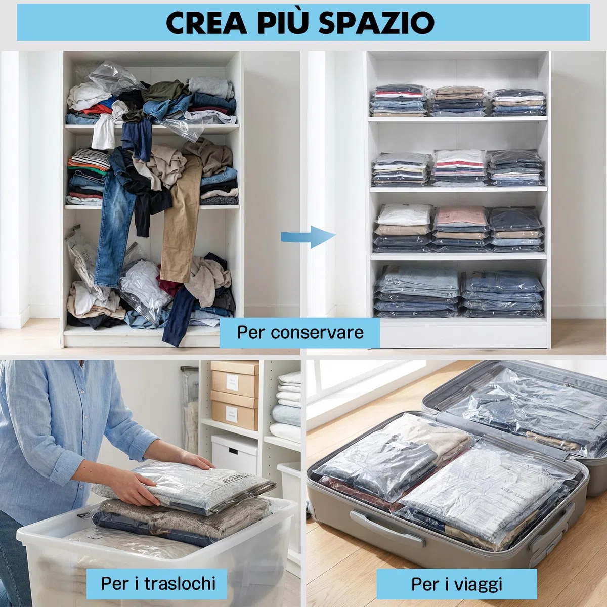 Sacchetti Sottovuoto Vestiti, Set 18 pz (16+2 Omaggio) con Pompa Wireless 4500Pa, (6 x 40 x 50 cm, 6 x 40 x 60 cm, 4 x 60 x 50 cm, +2 x30x40cm) Salvaspazio Riutilizzabili per Viaggio & Armadio