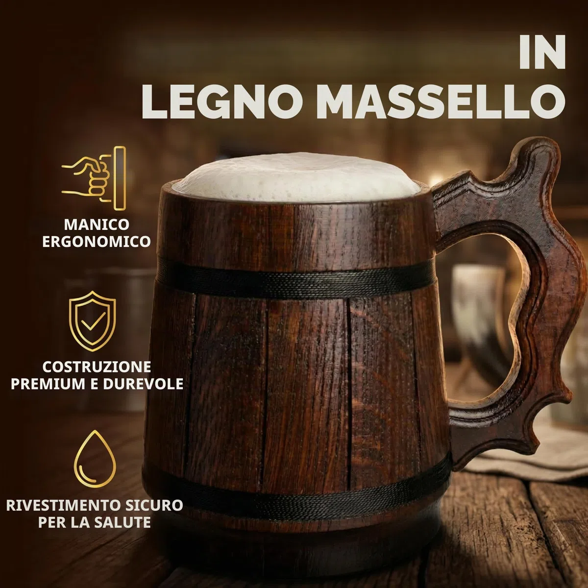 Boccale di birra fatto a mano in legno di rovere con acciaio inossidabile Ecologico naturale 0,6 litri (20 once) marrone retrò