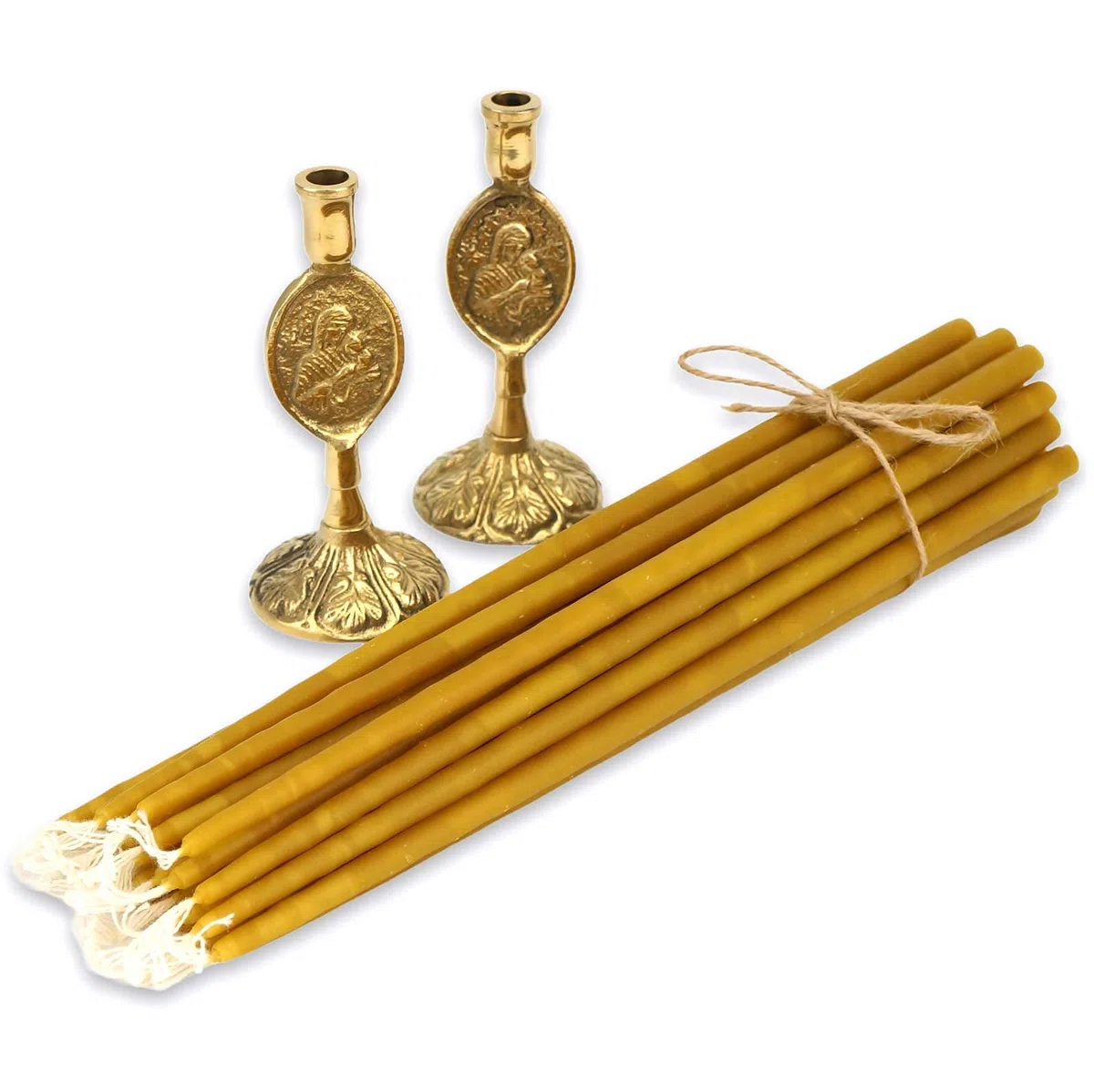 Theotokos - Set di 2 portacandele in ottone e 20 candele in pura cera d'api, coni ortodossi, per altare domestico