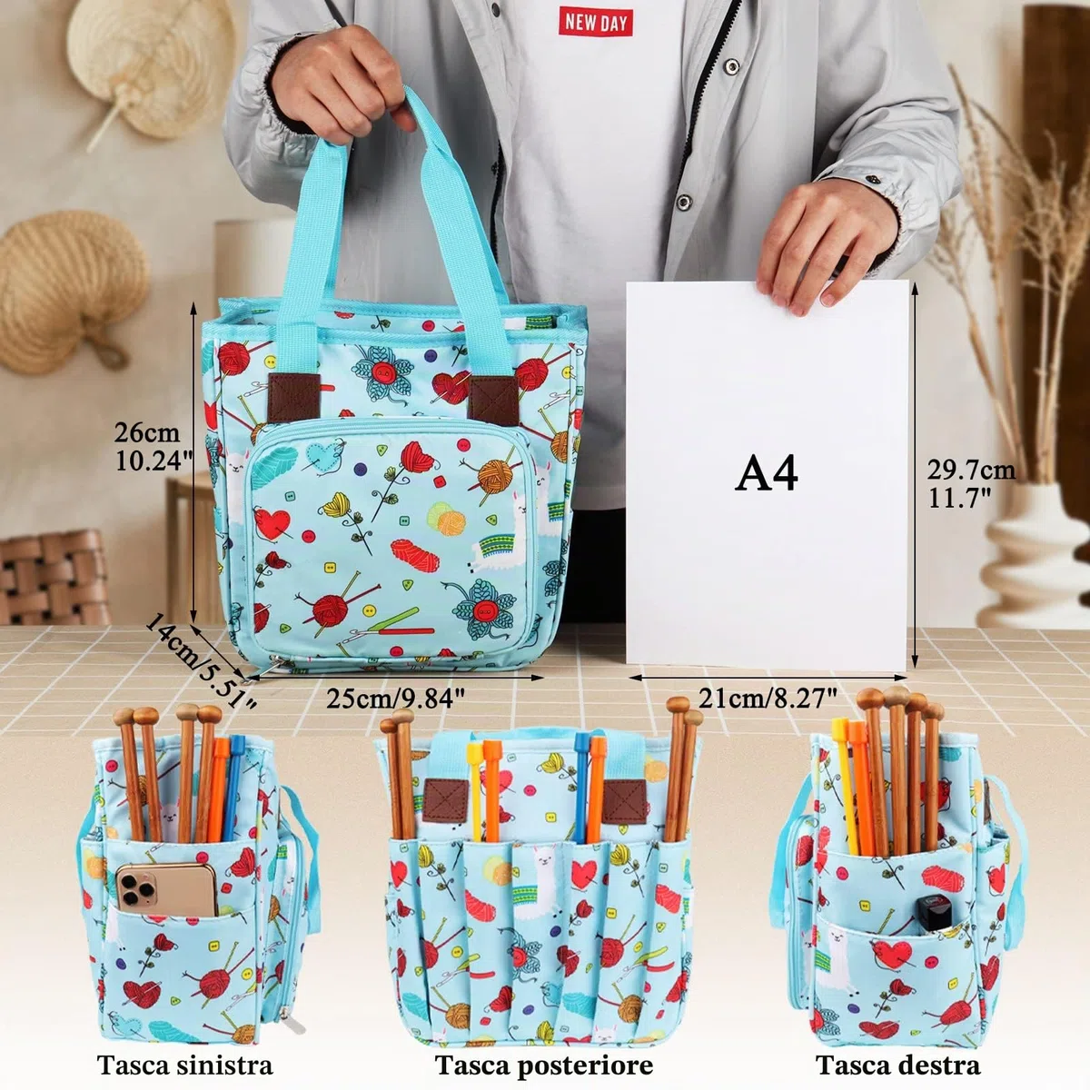 Coopay Borsa a Lavori a Maglia, Borsa per Maglieria, per Ferri da Maglia, Uncinetto, Deposito di Filati e Accessori per Il Cucito, Borsa per Filati per Professionale (Non Inclusi Accessori), Grigio