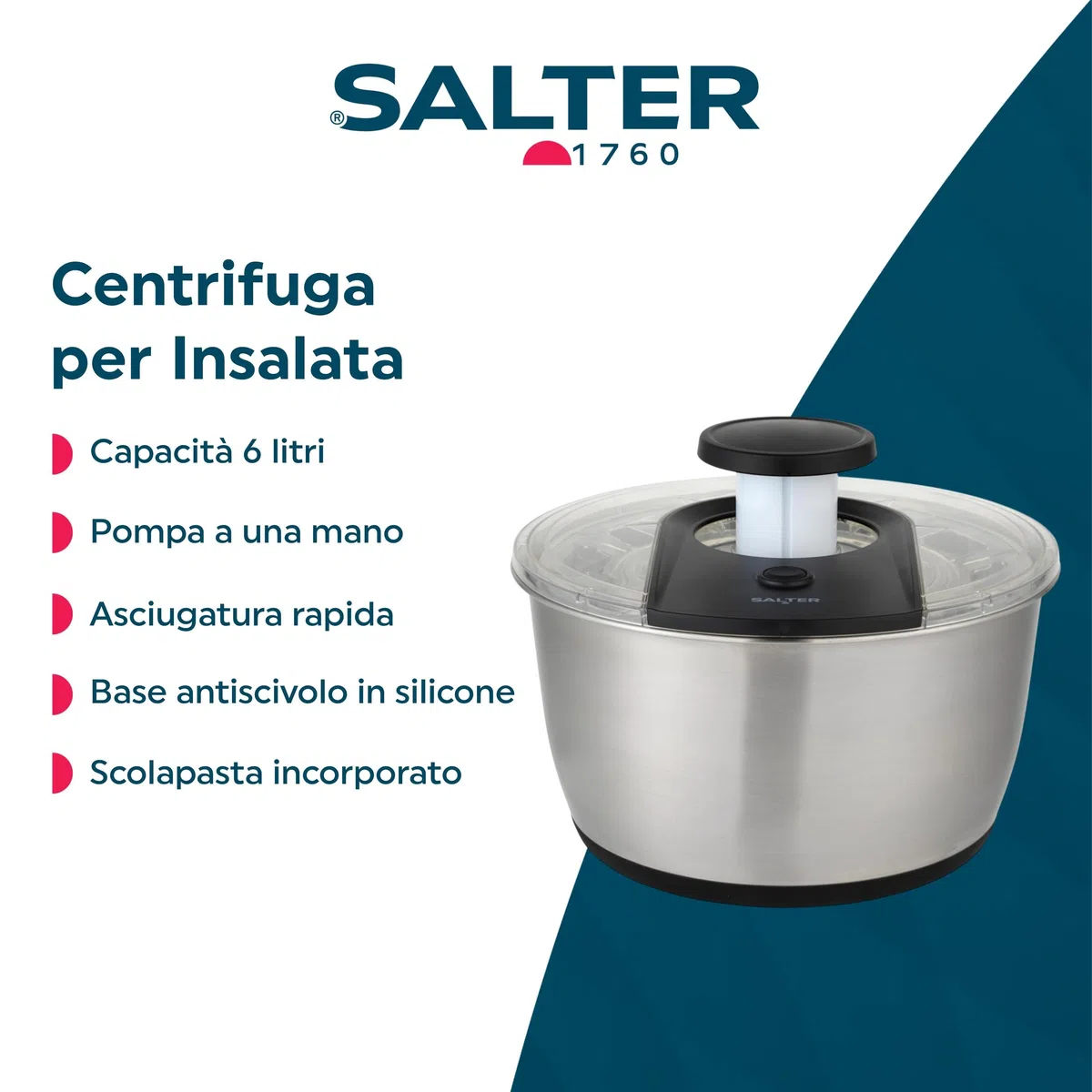 Salter Expert Salad Spinner – 6 Litri, Ciotola a Doppio Uso Con Scolapasta, Lava, Asciuga e Servi, Asciugatore per Lattuga, Pompa Bloccabile Per Facile Riporre, Base Antiscivolo, Aggiungi Condimento