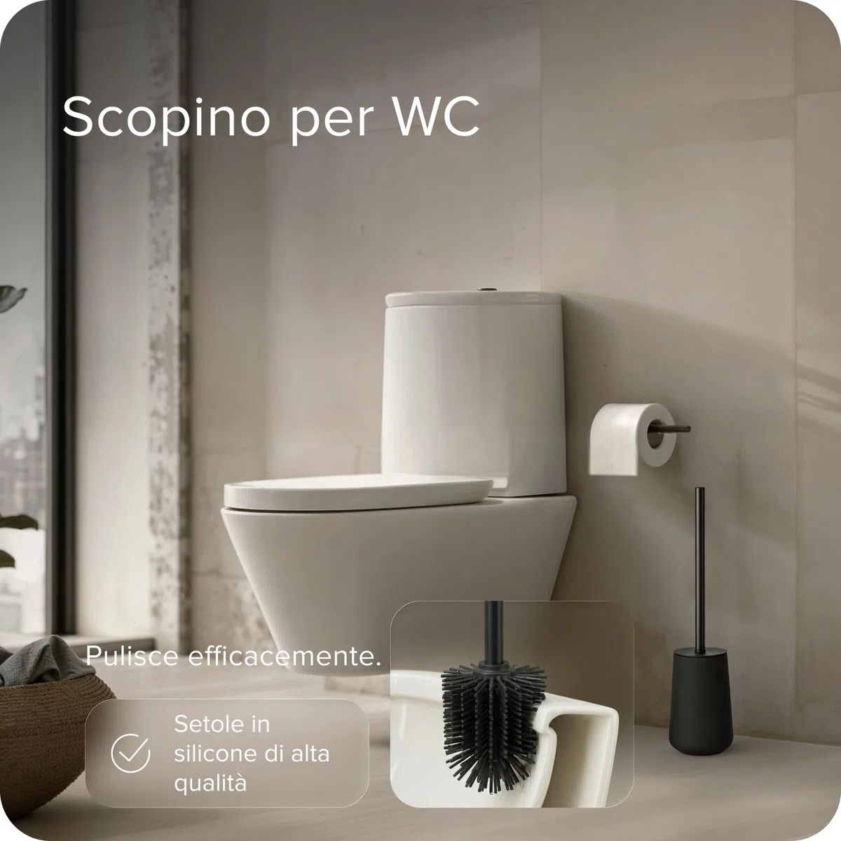 Black Sweden Home Set Bagno Accessori Completo - Ceramica di Alta Qualità - Dispenser Sapone, 2 Bicchieri, Spazzola WC Rimovibile - Design Nordico Nero Opaco con Rivestimento in Gomma - 4 pezzi