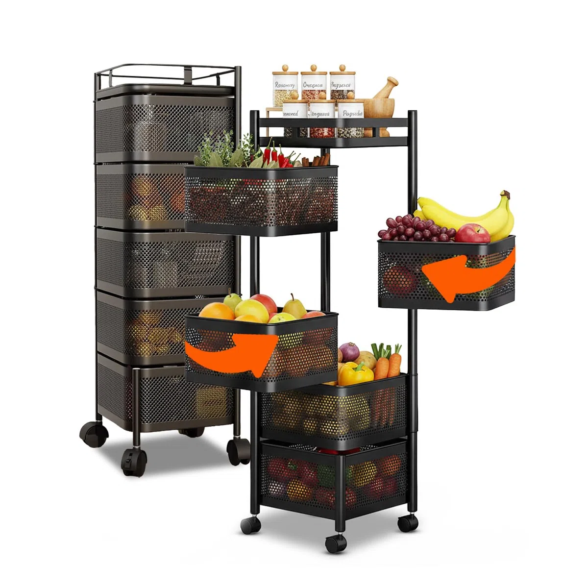 Avilia - Carrello con Ruote Portatutto Richiudibile Multiuso con Cestelli Capienti e Struttura Salvaspazio per Cucina Bagno e Ufficio Design Pieghevole con Ruote Frenanti Nero Quadrato 5 Cestelli