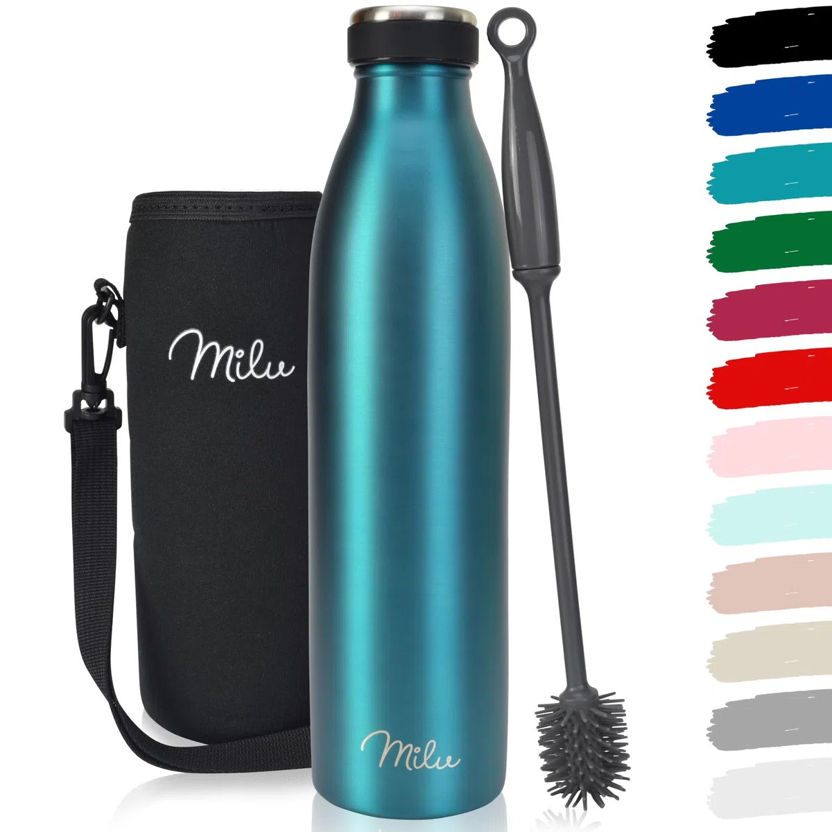 Milu - Thermo in acciaio inox da 350/500/750/1000ml/1,5L borraccia termica, a prova di perdite, a doppia parete, adatta per bevande gassate, con spazzola per la pulizia (Verde, 1L)