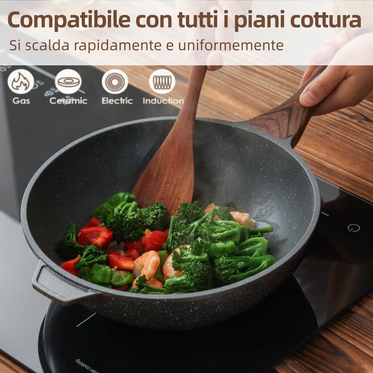 SENSARTE Wok Antiaderente in Alluminio 28 cm con Coperchio, Rivestimento Granito Svizzero ILAG Senza PFOA, Manico Ergonomico, Adatto a Induzione, Cucina Sana