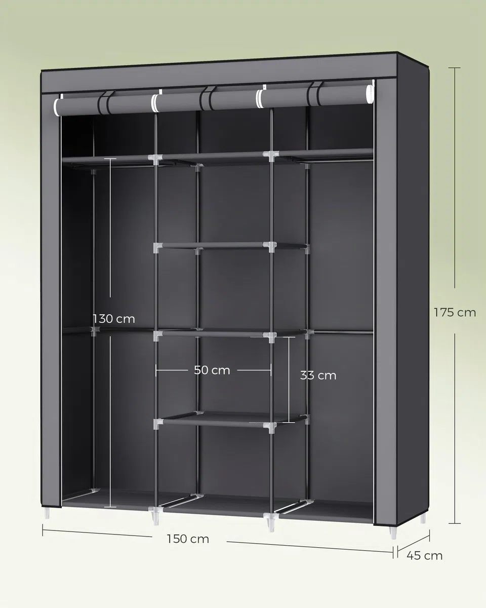 SONGMICS Armadio in Tessuto, Guardaroba Pieghevole con Barra di Sospensione, Appendiabiti, Scaffale per Borse, Giocattoli, Scarpe, Soggiorno, Camera da Letto, 150 x 45 x 175 cm, Grigio RYG12G