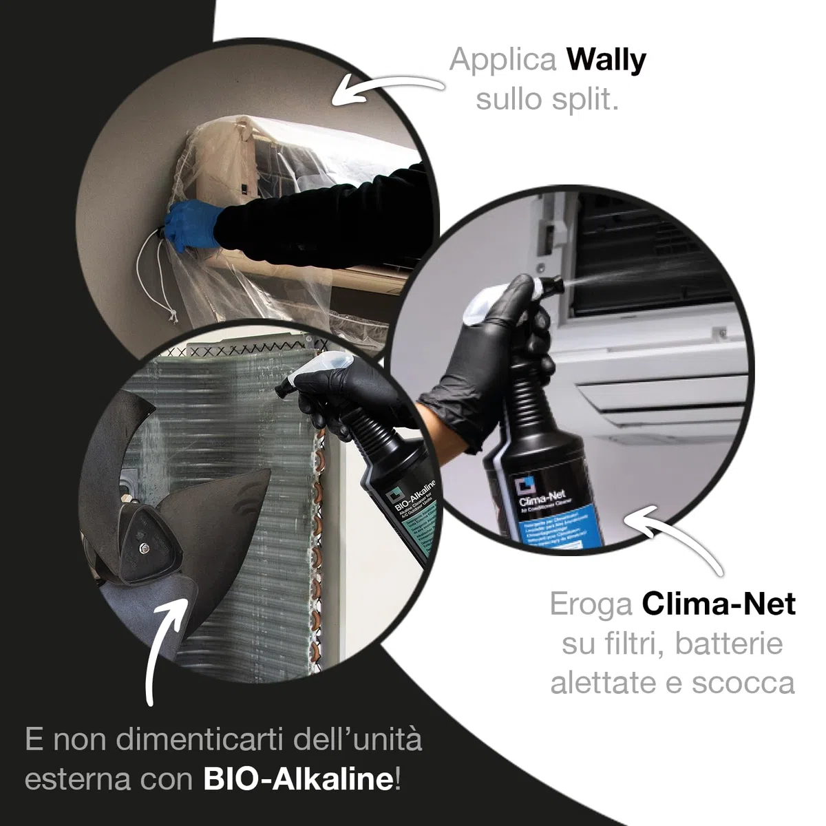 ERRECOM Kit Pulizia climatizzatori, Include Clima-Net 1L detergente Pulizia unità Interna e filtri, Cover Protettiva Wally, Bio Alkaline 1L detergente alcalino bio Pulizia unità Esterna, Guanti