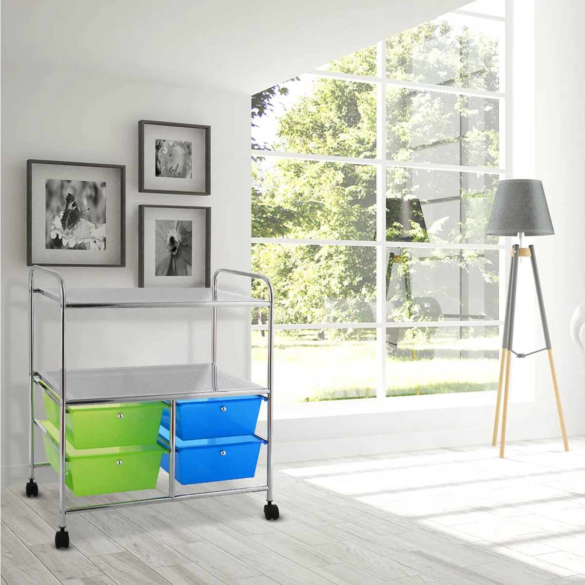 COSTWAY Carrello con 4 Cassetti e 2 Ripiani, Carrello Portaoggetti con Ruote per Cucina Bagno Ufficio, Multiuso, 58,5x37x75 cm (Blu+Verde)