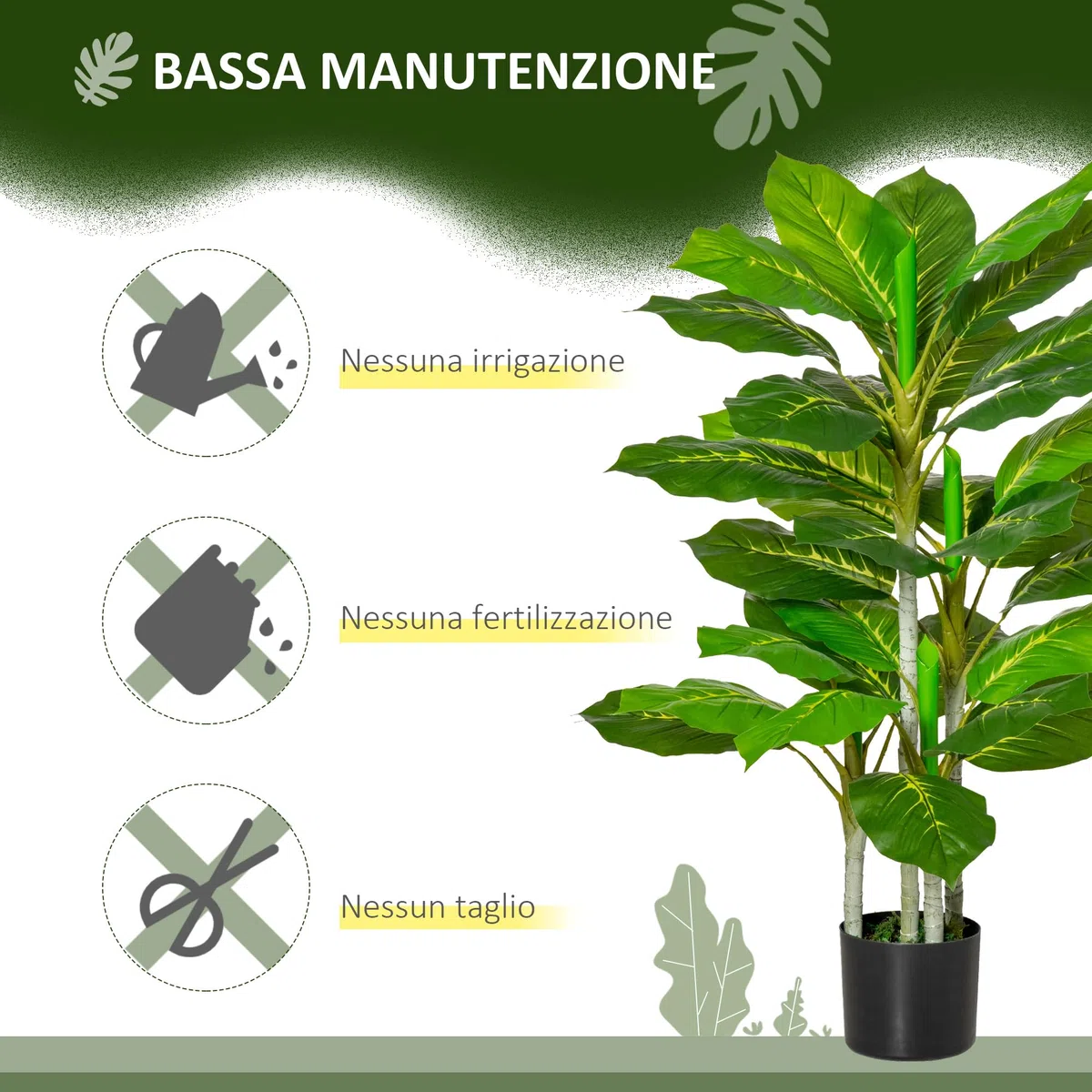 HOMCOM Pianta Artificiale da 33 Foglie per Interni ed Esterni con Vaso Ø15x13 cm, Pianta Finta Alta 95 cm in PEVA, PE e Cemento, per Interno, Ufficio, Soggiorno, Verde e Nero