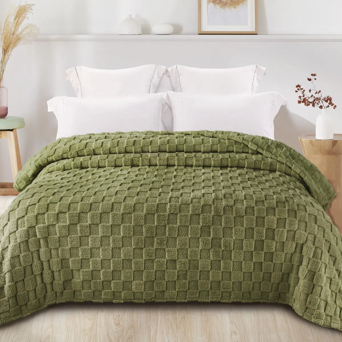 Exclusivo Mezcla Coperta Plaid Pile di Flanella per Divano, 220x240 CM Coperta Letto Matrimoniale con Motivo a Scacchi, Morbida e Calda, Verde oliva