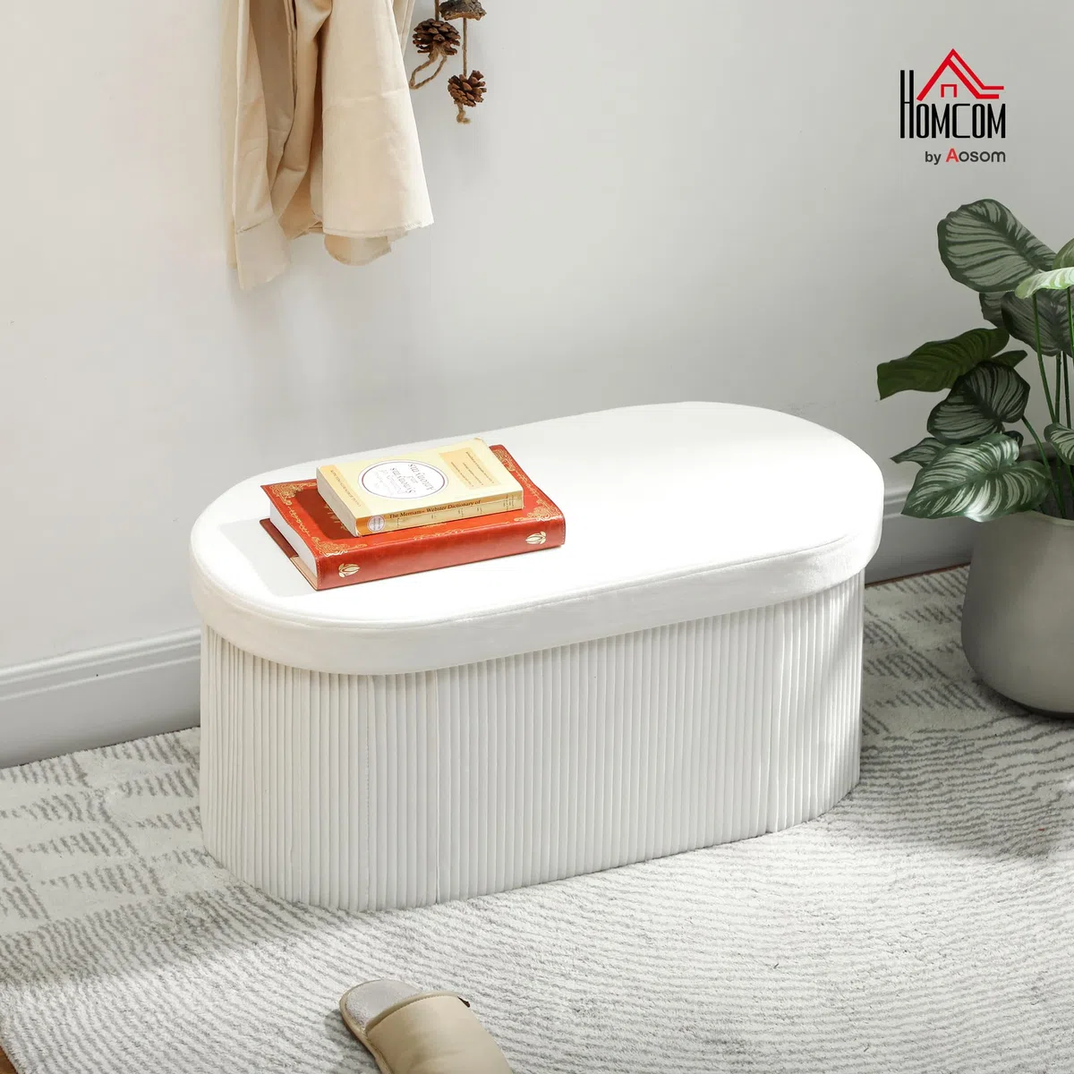 HOMCOM Pouf Contenitore Pieghevole, Panca Moderna Imbottita con Rivestimento in Velluto, Poggiapiedi con Contenitore da 72L per Salotto e Camera, 76x38x35 cm, Crema