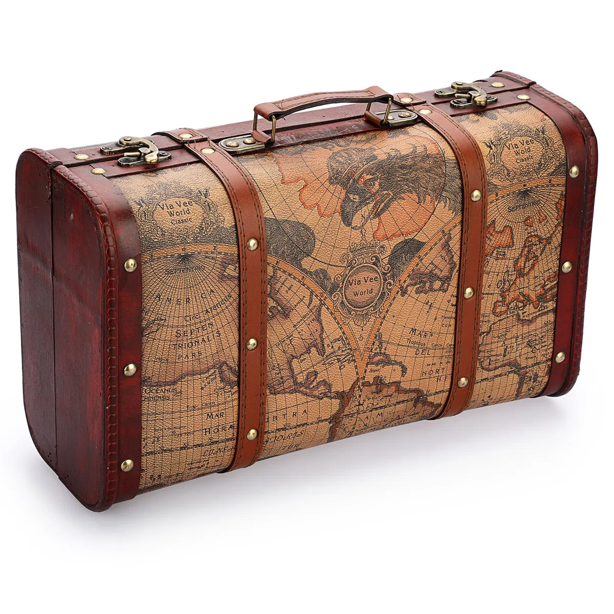 Scatola di Legno Vintage in Pelle Valigetta Bagagli con Manico a Mano, 38 x 23 x 14 cm, Scrigno Multiuso del Tesoro Valigetta per Ornamento, Regali di Denaro, Viaggi, Fotografia, Compleanni