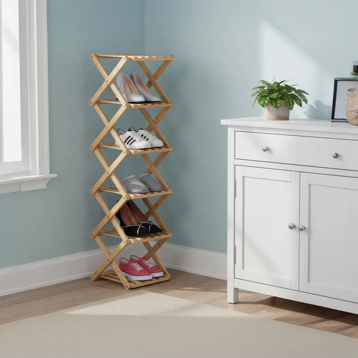 Relaxdays Scaffale portascarpe Pieghevole in bambù – 6 Ripiani, Compatto 105x28x28cm Naturale