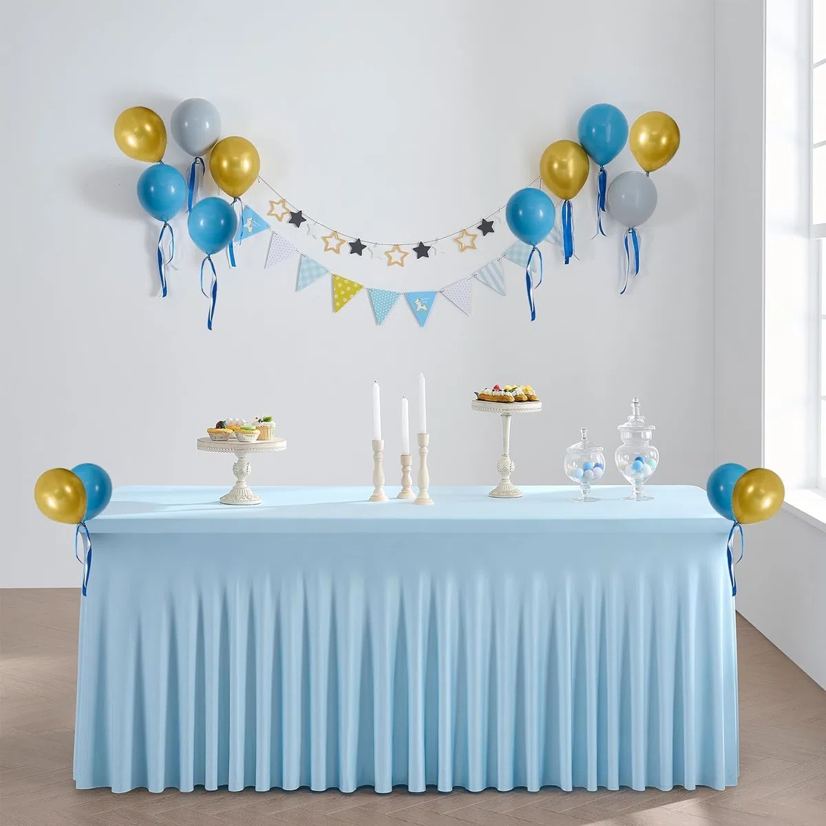 NSSONBEN 1-Pack, tovaglia rettangolare in spandex blu per bambini, 180 x 76 cm, tovaglia elasticizzata senza pieghe con gonna per banchetti, feste, matrimoni, compleanni, meeting, fiere all'aperto