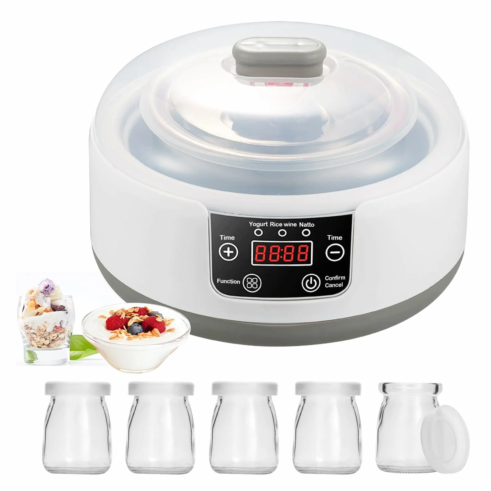 Yogurtiera, Macchina per Yogurt con Contenitore per Yogurt in Acciaio Inox e 5 Vasetti per Yogurt 220V 15W Yogurtiera Yogurt Greco Fatto in Casa per Yogurt Biologico Zuccherato o Senza Zucchero