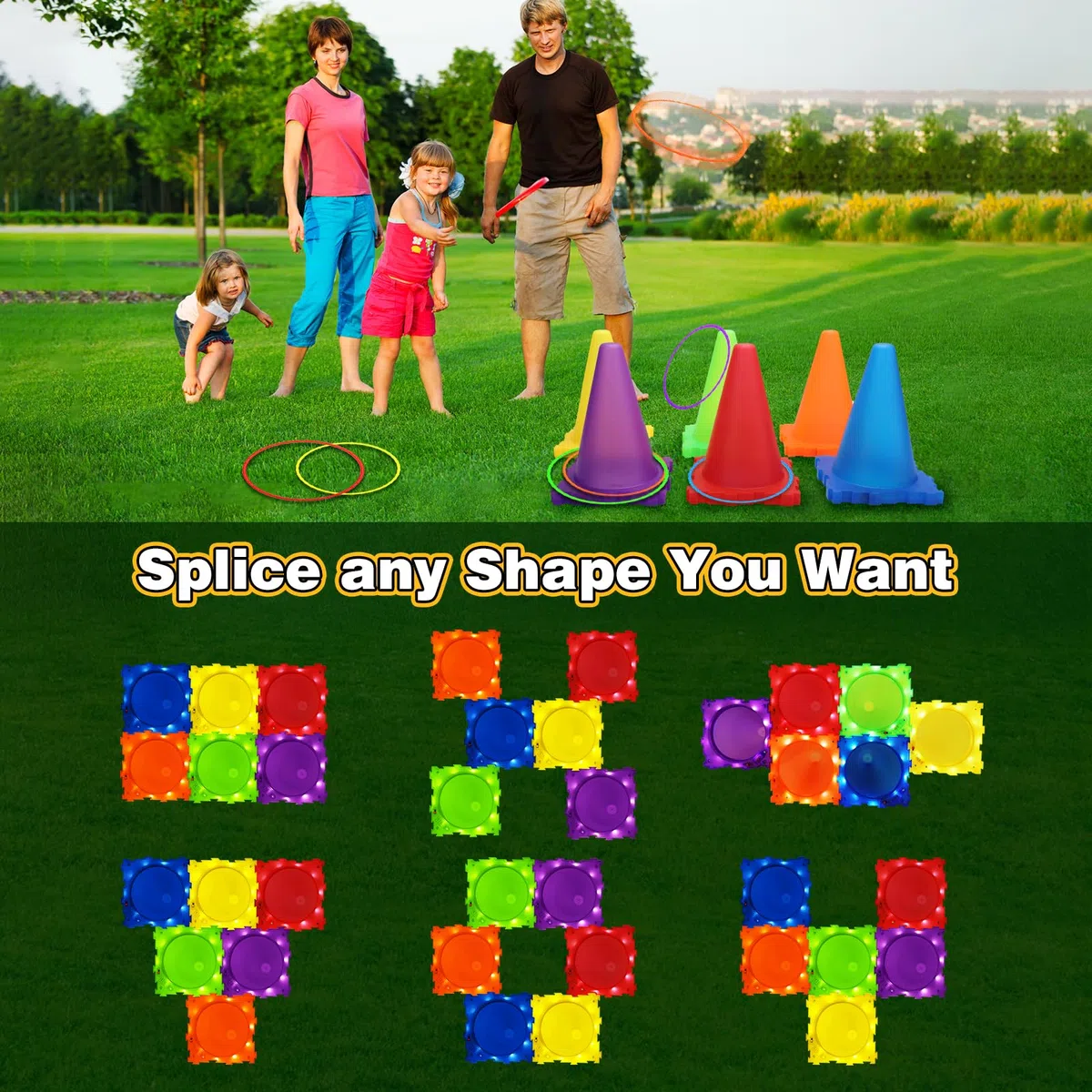 CLEMAS 35 pz Giochi di Lancio Luminosi 5 in 1 per Bambini – Set da Giardino con Cornhole, Anelli & Corsa con l’Uovo – Attività Outdoor per Compleanni e Feste