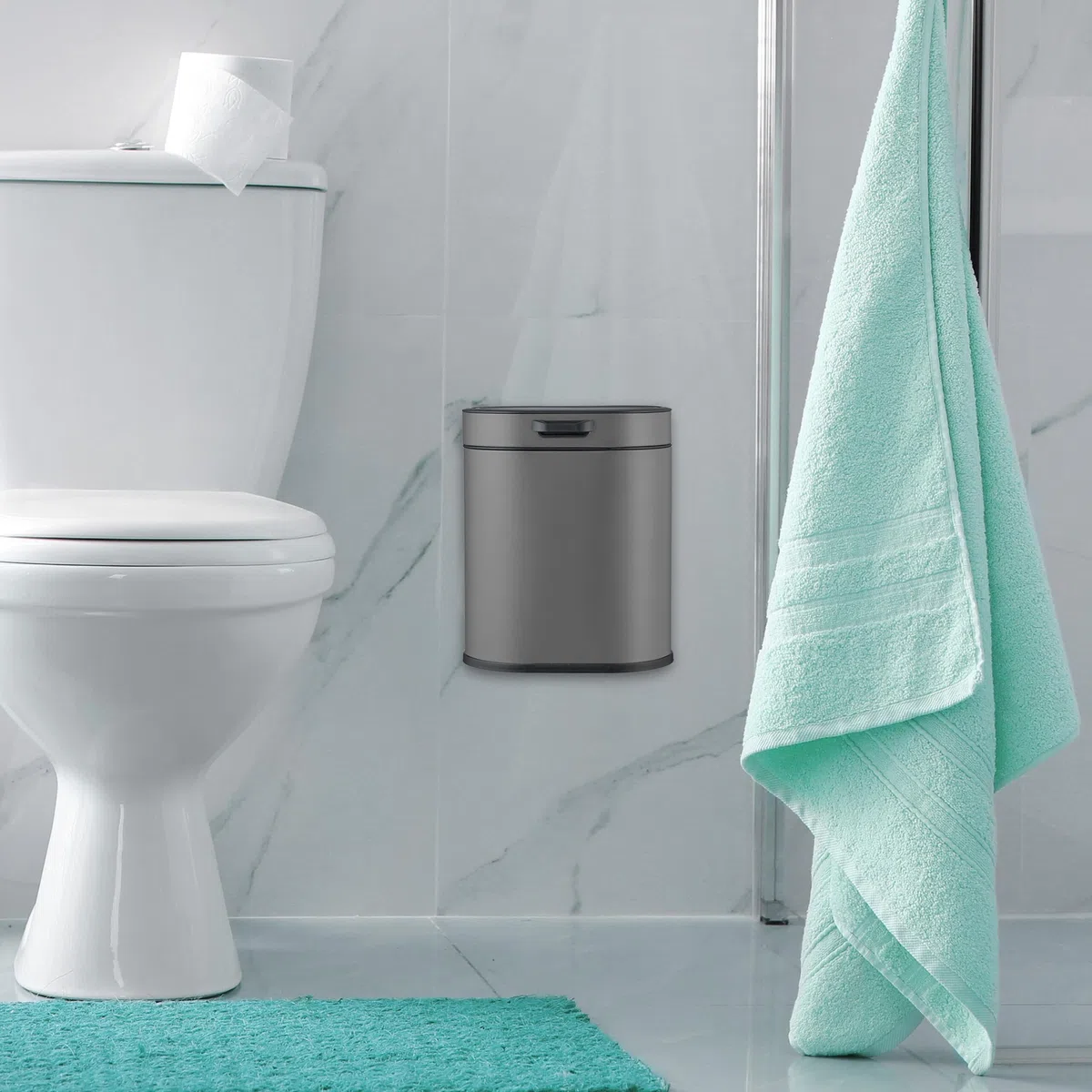 Relaxdays Cestino da Bagno, con Adesivo da Muro o Gancio per Anta, Pattumiera 5 L, Secchio Interno, in Ferro, Grigio