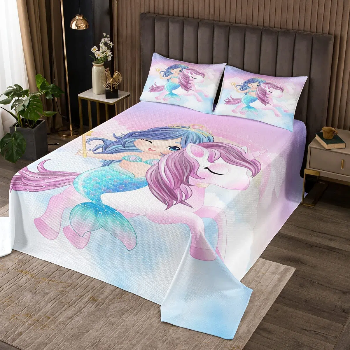 Set di copriletto trapuntato per bambini ragazzi e ragazze motivo sirena unicorno per letto 170X230cm