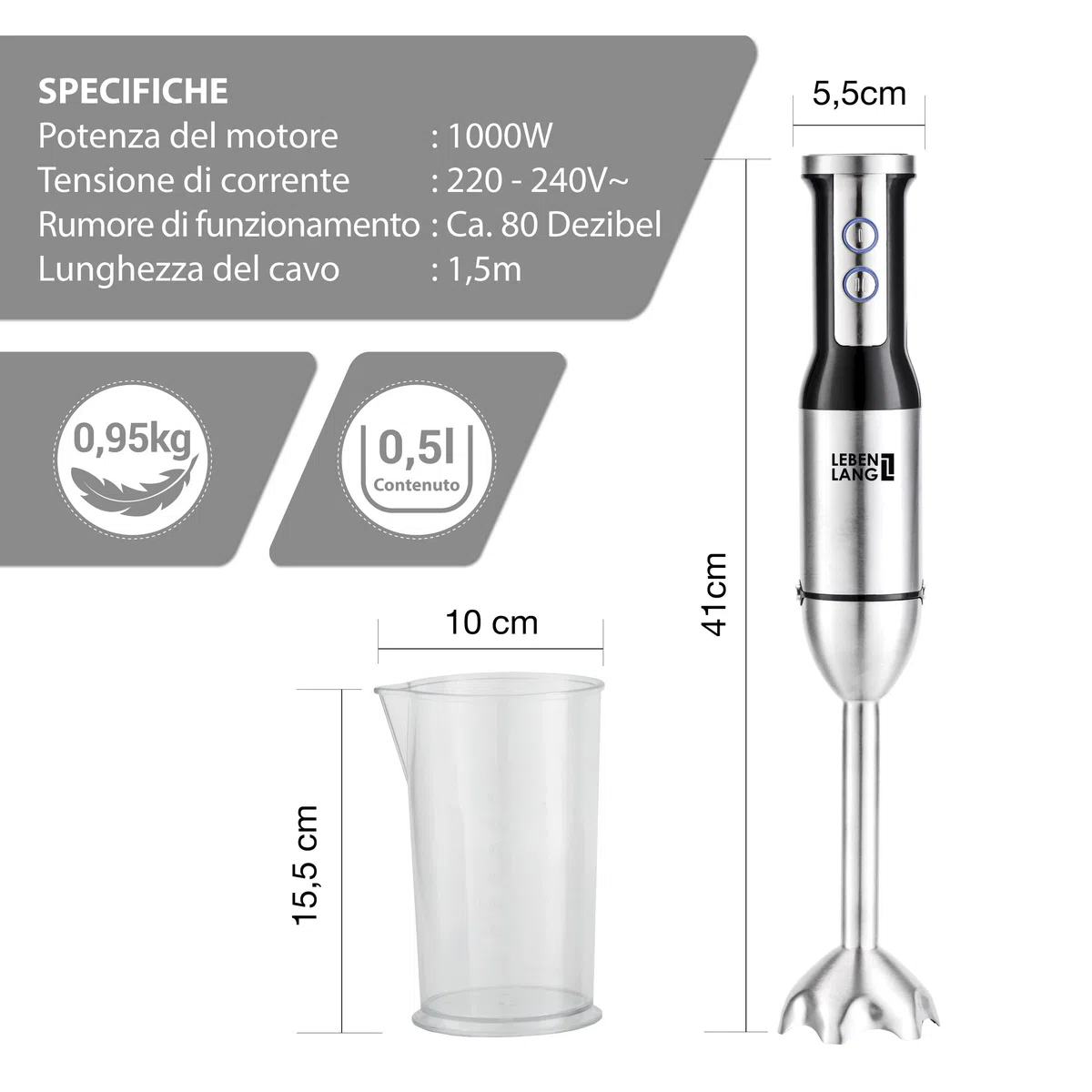LEBENLANG 1000W frullatore immersione in acciaio inox - Mixer cucina e 8 fasi più Turbo | Frullatore immersione professionale di alta qualità | hand blender | minipimer immersione mini mixer cucina