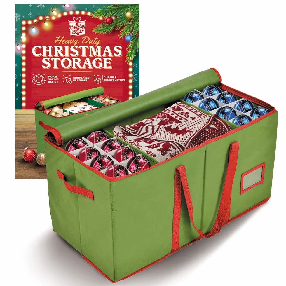 Holiday Cheer Contenitore per palline di Natale di alta qualità, perfetto per decorazioni natalizie e ornamenti, adatto per 128 ornamenti natalizi, tessuto antistrappo (verde)