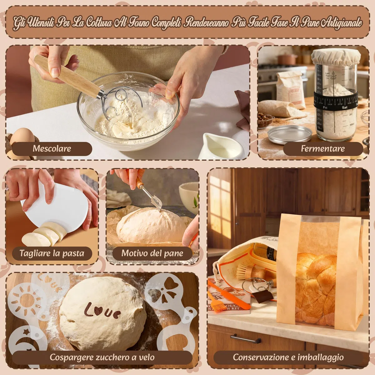 Charmofun Set di Cestini Lievitazione Pane, Kit Completo per Pasta Madre, 2 Cestino Pane Silicone, Kit Preparazione Pane in Casa, Regalo per Principianti e Panettieri Esperti