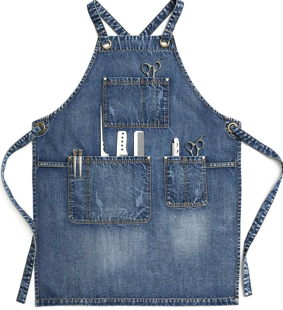 Grembiule unisex in denim blu, per parrucchieri, artigiani, baristi, barbecue, con comode tasche, per uomini e donne