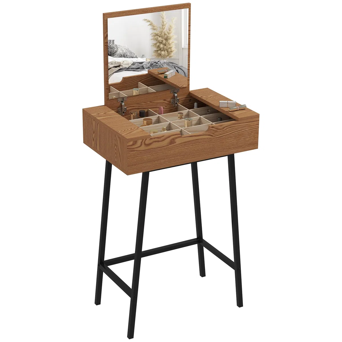 HOMCOM Toeletta Trucco Elegante con Specchio Ribaltabile e 16 Scomparti Nascosti, Tavolo da Trucco in Legno e Acciaio Moderno, Postazione Make Up per Camera da Letto, 60x40x90 cm, Colore Legno