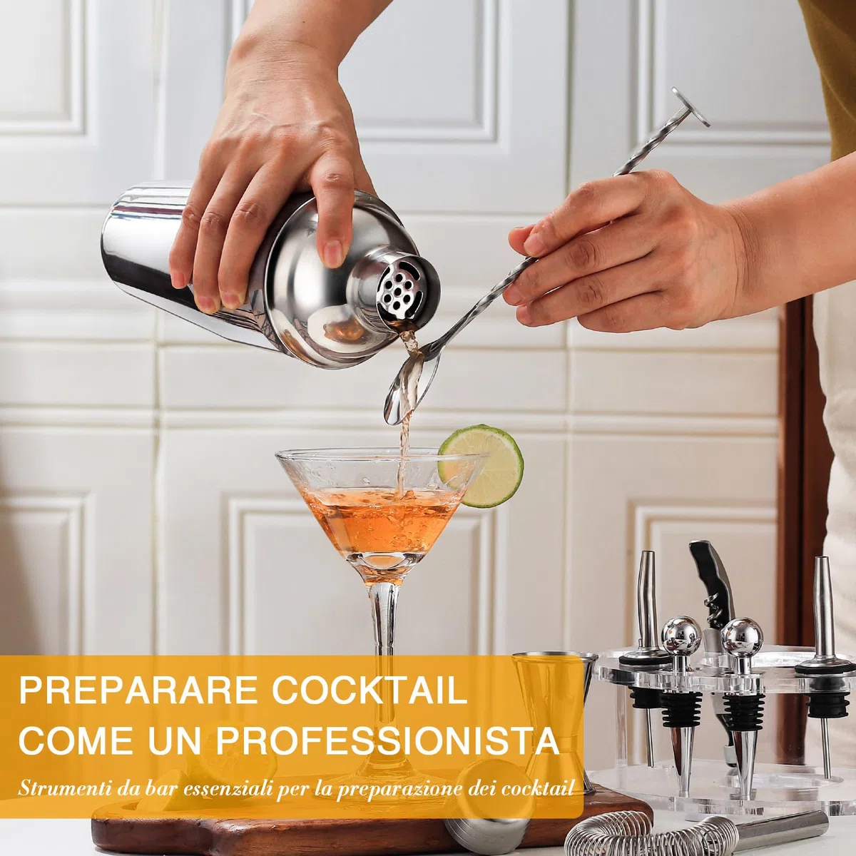 Set Shaker Cocktail con Supporto, Kit Cocktail in Acciaio INOX con 12 pezzi di accessori da bar, 750ML Dosatore Cocktail Set per Home Bar Party Wedding, Kit Barman Regali per Papà uomini (Argento)