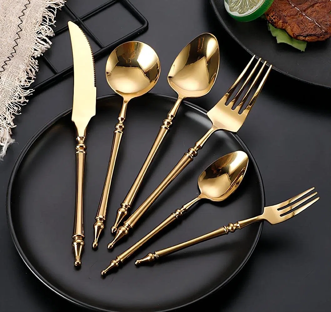 Argenteria in acciaio inox 304 di alta qualità, set da 6 pezzi, coltello da bistecca, forchetta e cucchiaio (oro)