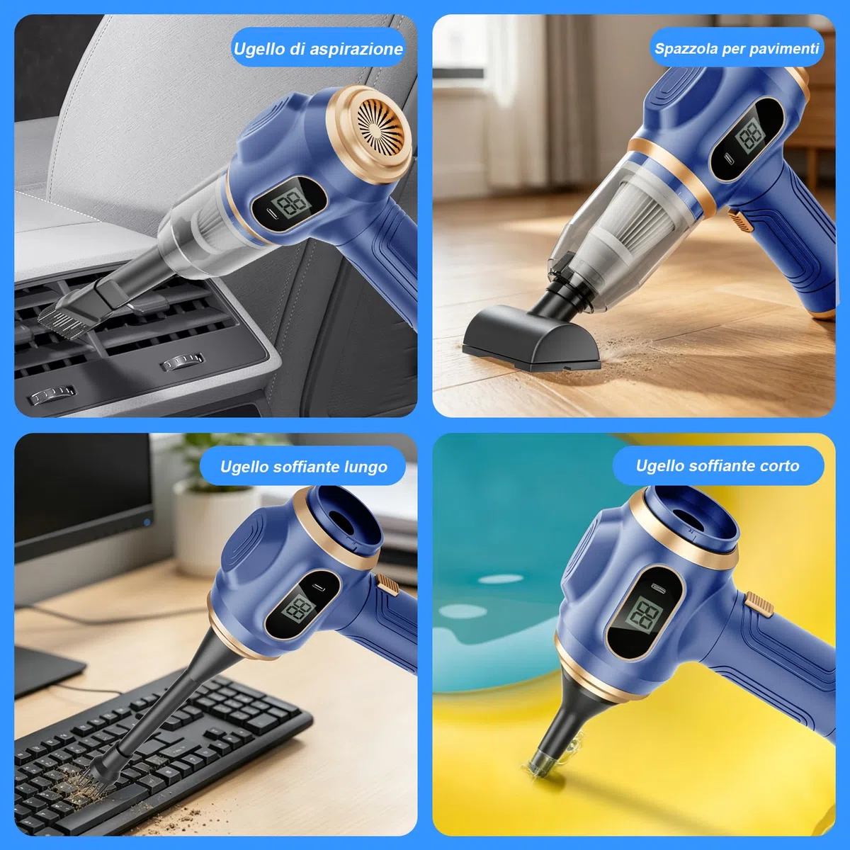 Aspirapolvere Portatile per Auto Senza Fili, Mini Aspirapolvere Manuale Ricaricabile con Display LCD e Multi-Bocchette, Alta Potenza per Auto, Casa, Ufficio, Divano, Peli di Animali, Tastiera
