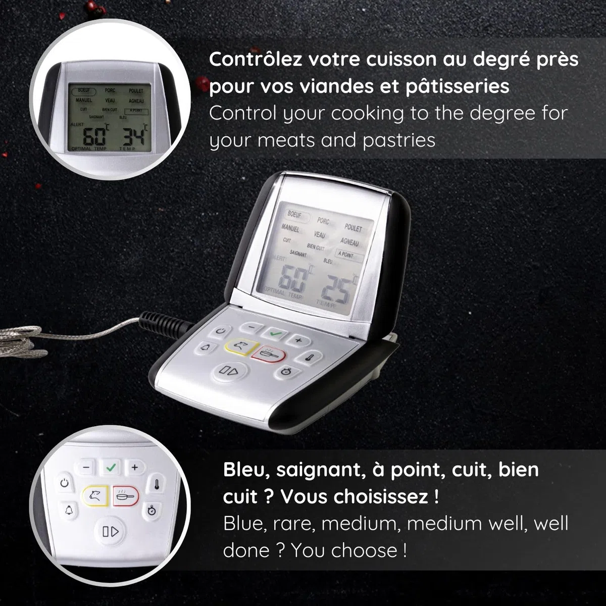 MASTRAD – Thermo-Sonde de De Cotisson m Classic + – vos Ricette cotte à la Perfection – Timer integrato – Case Magnate – Compatibile forno e induzione – Maniglia 100% Silicone – Batteria LR3 inclusa