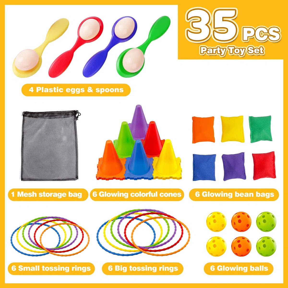 CLEMAS 35 pz Giochi di Lancio Luminosi 5 in 1 per Bambini – Set da Giardino con Cornhole, Anelli & Corsa con l’Uovo – Attività Outdoor per Compleanni e Feste