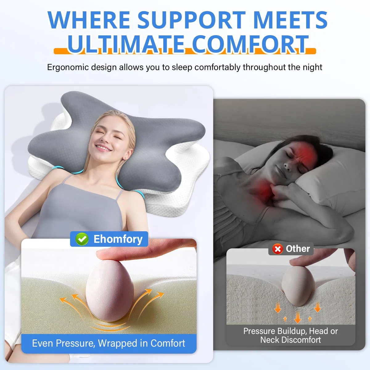 Ehomfory Cuscino Cervicale per Dormire, 2 in 1 Cuscino Ergonomico in Memory Foam, Cuscino per Supporto Cervicale con Federa Sfoderabile e Lavabile, 67x37x9/12 cm (Grigio)