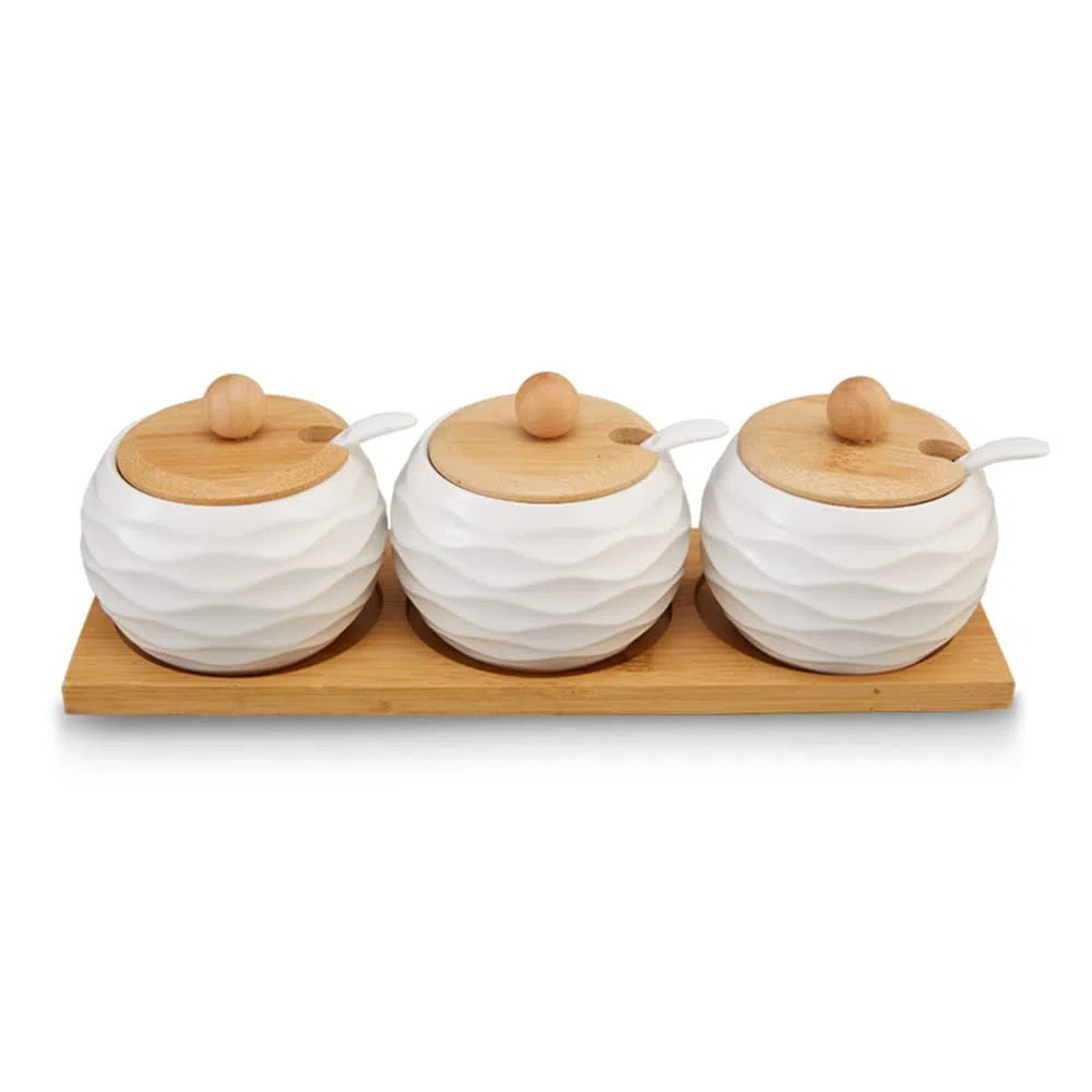 Set di contenitori per spezie in ceramica, vaso per spezie in ceramica con cucchiai e coperchi in bambù, condimento per tè, caffè, salsa e peperoni