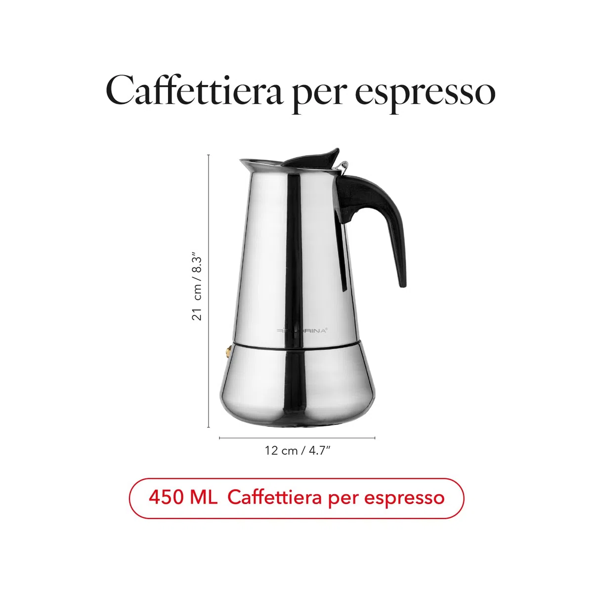 FLORINA Caffettiera 9 Tazze (450 ml) I Moka Induzione per Piano Cottura LINDA I Caffettiera in Acciaio Inossidabile con Manico Sagomato I Adatta a Tutti i Tipi di Fornelli e Induzione