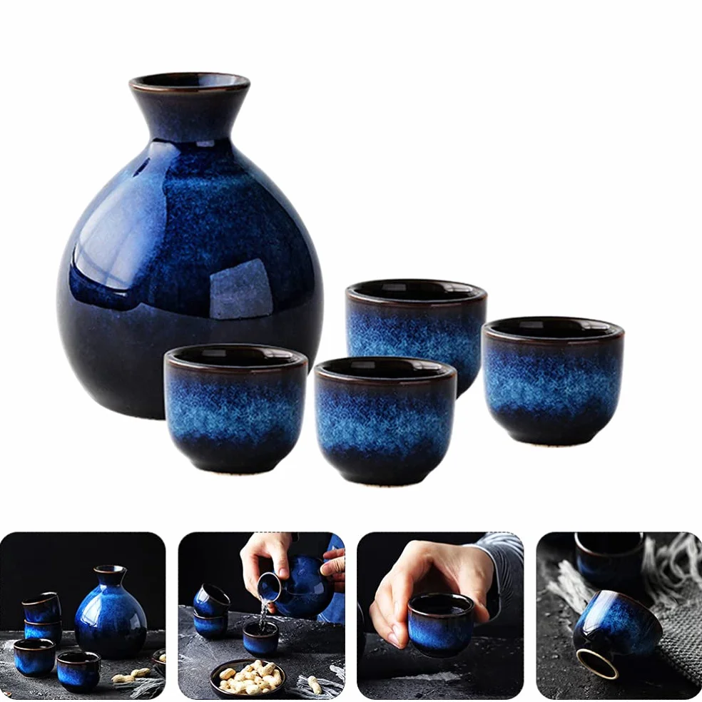 Lurrose Il set di sake giapponese in ceramica include 1 bottiglia di Tokkuri e 4 tazze di Ochoko per tazza di tè tradizionale di sake caldo o freddo