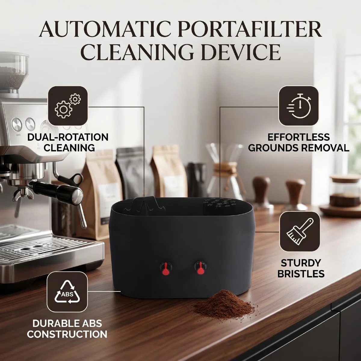 Detergente per Portafiltro Elettrico per caffè, unità di Pulizia per Portafiltro Alimentata in ABS Spazzola a Doppia Rotazione Estrazione di Detriti di caffè Motorizzata