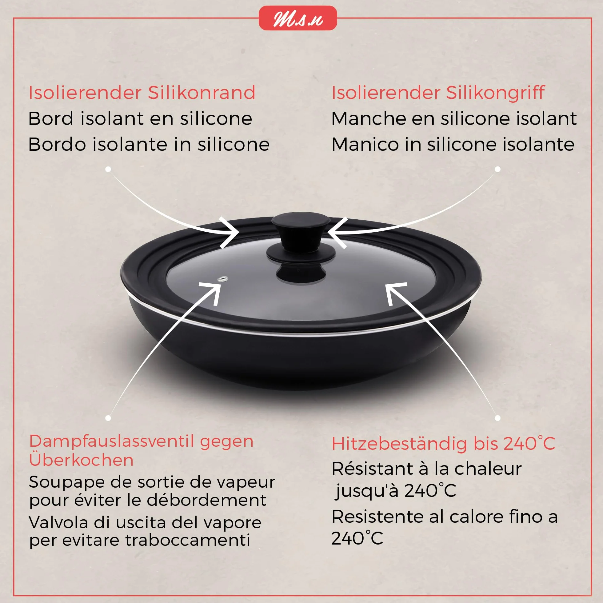M.S.N Set di 3 coperchi universali in vetro, 3 pezzi, per pentole e padelle da 16, 18, 20 cm e 24, 26, 28 cm e 28, 30, 32 cm, con valvola di scarico e bordo in silicone, nero