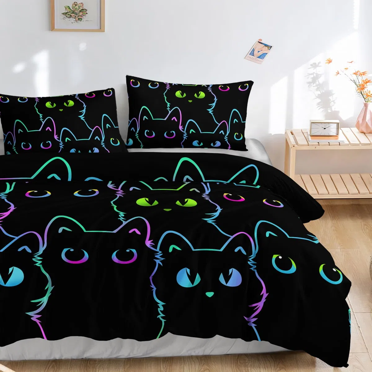 HOSIMA-Set Copripiumino Con Stampa Gatto Nero per Ragazze e Ragazzi Adulti, Copripiumino Con Stampa Gatto Nero Carino Con Federe per La Camera dei Bambini (Black Cat0 S)