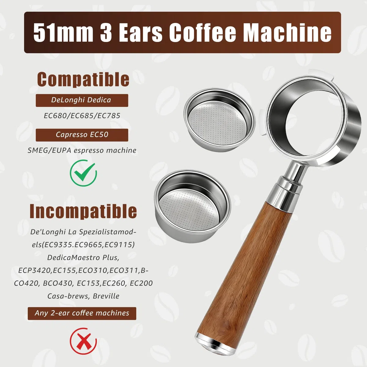 Portafiltro senza fondo a 3 orecchie da 51 mm, compatibile con Delonghi EC680/EC685, 100% acciaio inossidabile con 2 cestini filtranti (singolo + doppio colpo), strumento WDT, schermo a disco