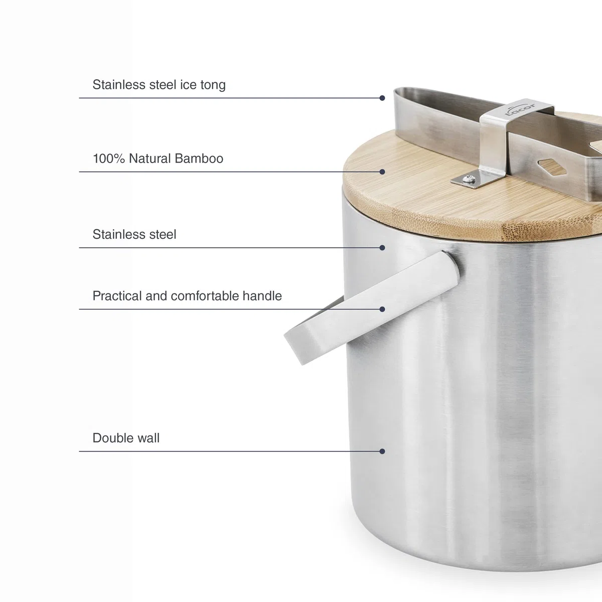 Lacor Nordic Secchiello per il Ghiaccio, Contenitore per il Ghiaccio, Acciaio Inossidabile, Include Piano in Bambù Naturale al e Morsetto in Acciaio Inox 18 e 10, 14 cm, Capacità, 1.3 L, 65514