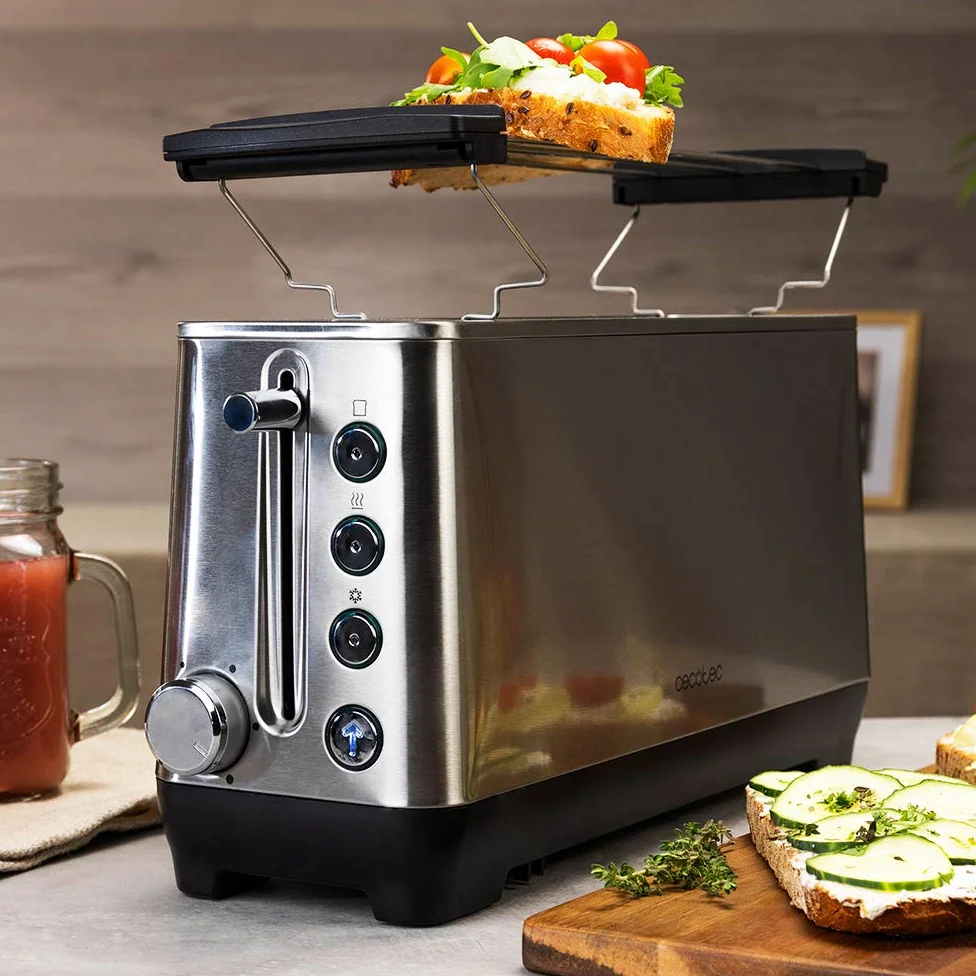 Cecotec Tostapane BigToast Extra. 1100 W, Fessura Lunga Extrawide, 4 Funzioni preconfigurate, 6 Livelli di Potenza, Barre Superiori per Riscaldare, Acciaio, Capacità per 2 Fette