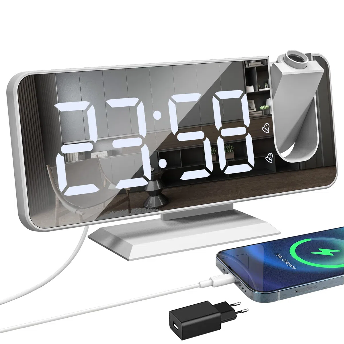 Sveglia con Proiettore, Schermo a LED a Specchio da 7.5", 4 Luminosità, Doppio Allarme con Porta USB, Sveglia Digitale con Proiettore ultra trasparente (Bianco con Adattatore)