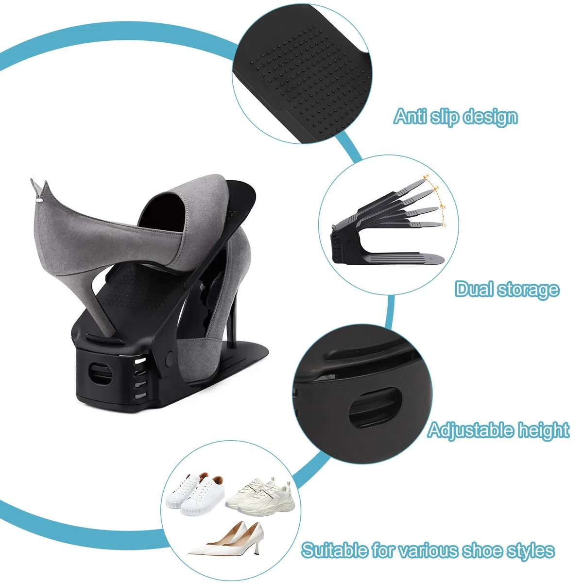 Portascarpe Salvaspazio, 20 Pezzi Porta Scarpe, Organizer Scarpe, Salvaspazio Regolabili da Scarpiera, Antiscivolo Portascarpe Regolaili in Plastica Durevole (Nero)