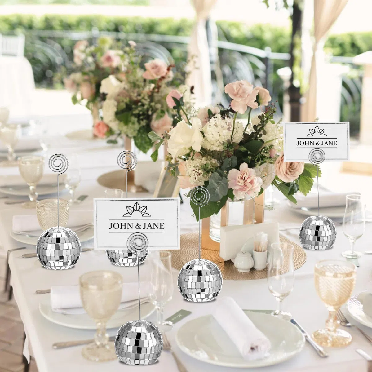 60 segnaposto argentati a forma di palla da discoteca, con filo a spirale, segnaposto per foto, centrotavola da discoteca, decorazione per menù, matrimoni, feste di compleanno, 5 cm