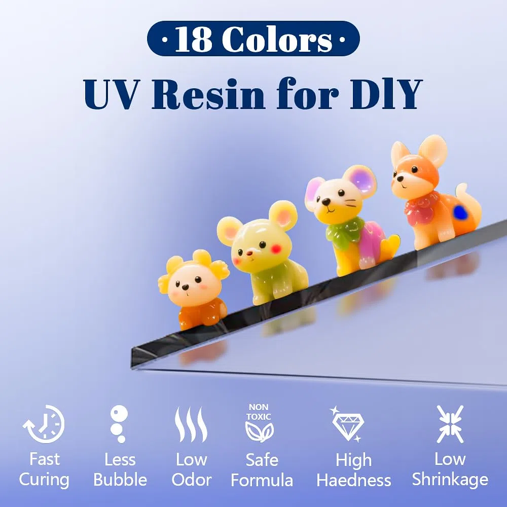 Kit di resina UV in 18 colori, resina epossidica trasparente a polimerizzazione rapida, per la creazione di gioielli, artigianato fai da te, nail art, alta durezza e sicurezza (20 g ciascuno)