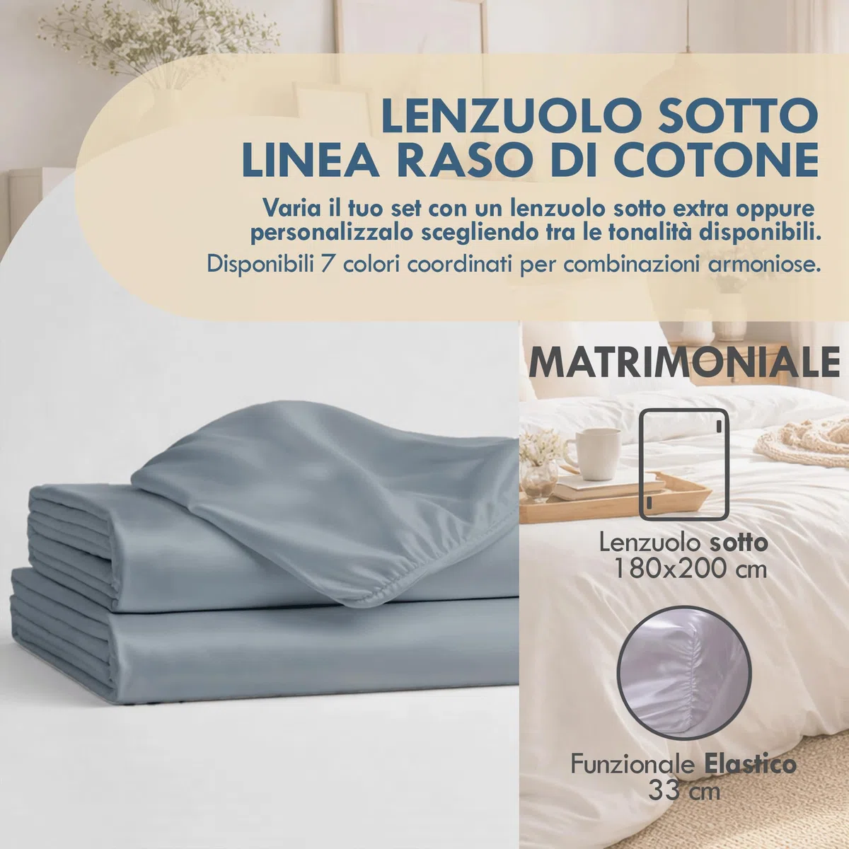 Dorian Home - Lenzuolo Sotto Matrimoniale 180x200 con Angolo 33 cm in 100% Raso di Cotone 300 Fili, Lenzuolo Sotto con Elastico, veste anche Materassi Alti