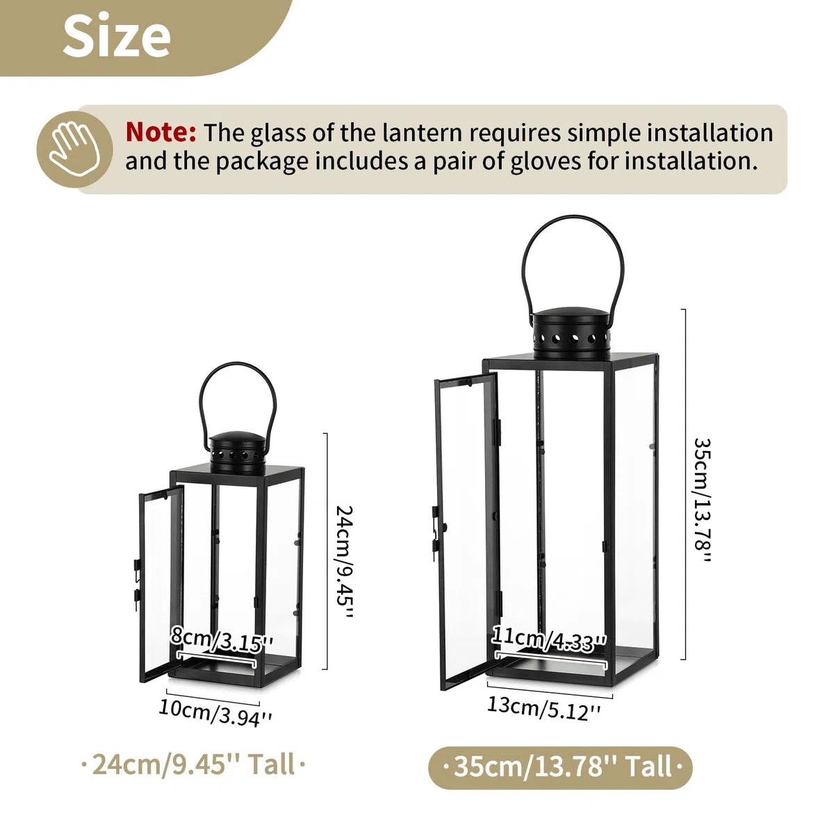 NUPTIO Lanterna per Candele All'aperto Nero: 35cm Alto Garden Candle Lanterns Indoor Hanging Decorative Memorial Metallo Vetro Fuori per Soggiorno Natale Halloween Matrimonio Centrotavola